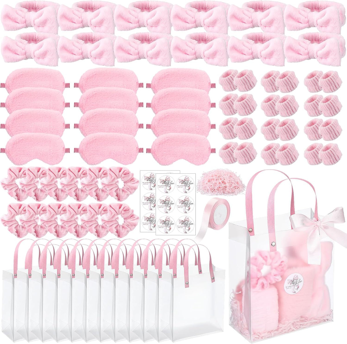 52 Pcs Pink Spa Sleepover Party Supplies, 8 Bow Headbands, 8 Eye Masks, 8 Velvet Scrunchies, 8 Transparent Bags, 16 Wristbands, 1 Ribbon for Women's Pajama Party Favor