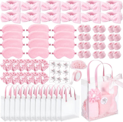 52 Pcs Pink Spa Sleepover Party Supplies, 8 Bow Headbands, 8 Eye Masks, 8 Velvet Scrunchies, 8 Transparent Bags, 16 Wristbands, 1 Ribbon for Women's Pajama Party Favor