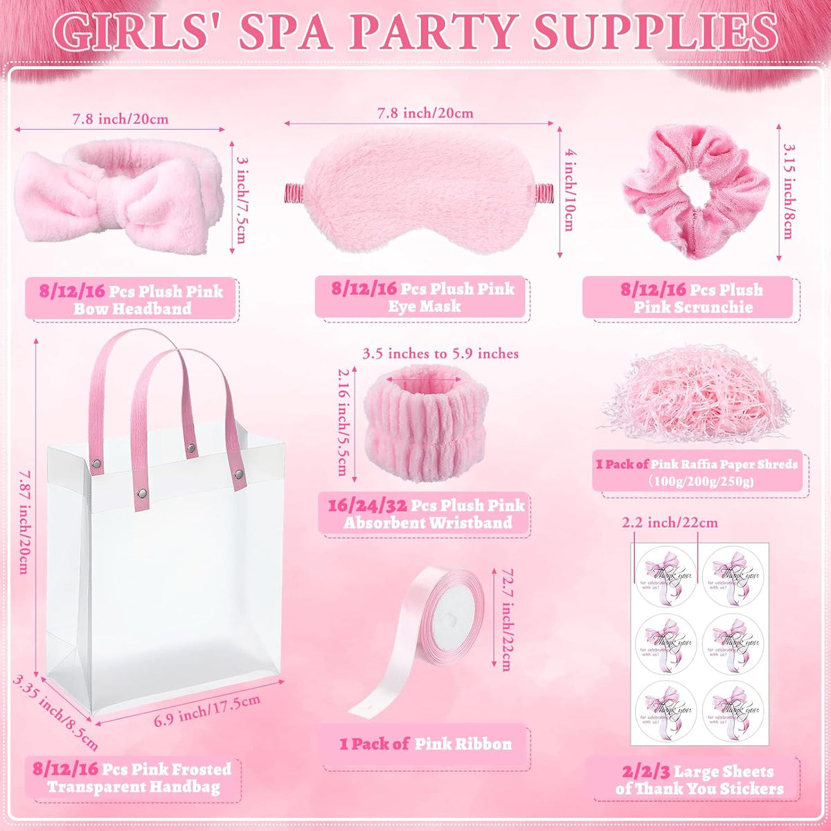 52 Pcs Pink Spa Sleepover Party Supplies, 8 Bow Headbands, 8 Eye Masks, 8 Velvet Scrunchies, 8 Transparent Bags, 16 Wristbands, 1 Ribbon for Women's Pajama Party Favor