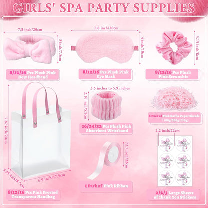 52 Pcs Pink Spa Sleepover Party Supplies, 8 Bow Headbands, 8 Eye Masks, 8 Velvet Scrunchies, 8 Transparent Bags, 16 Wristbands, 1 Ribbon for Women's Pajama Party Favor