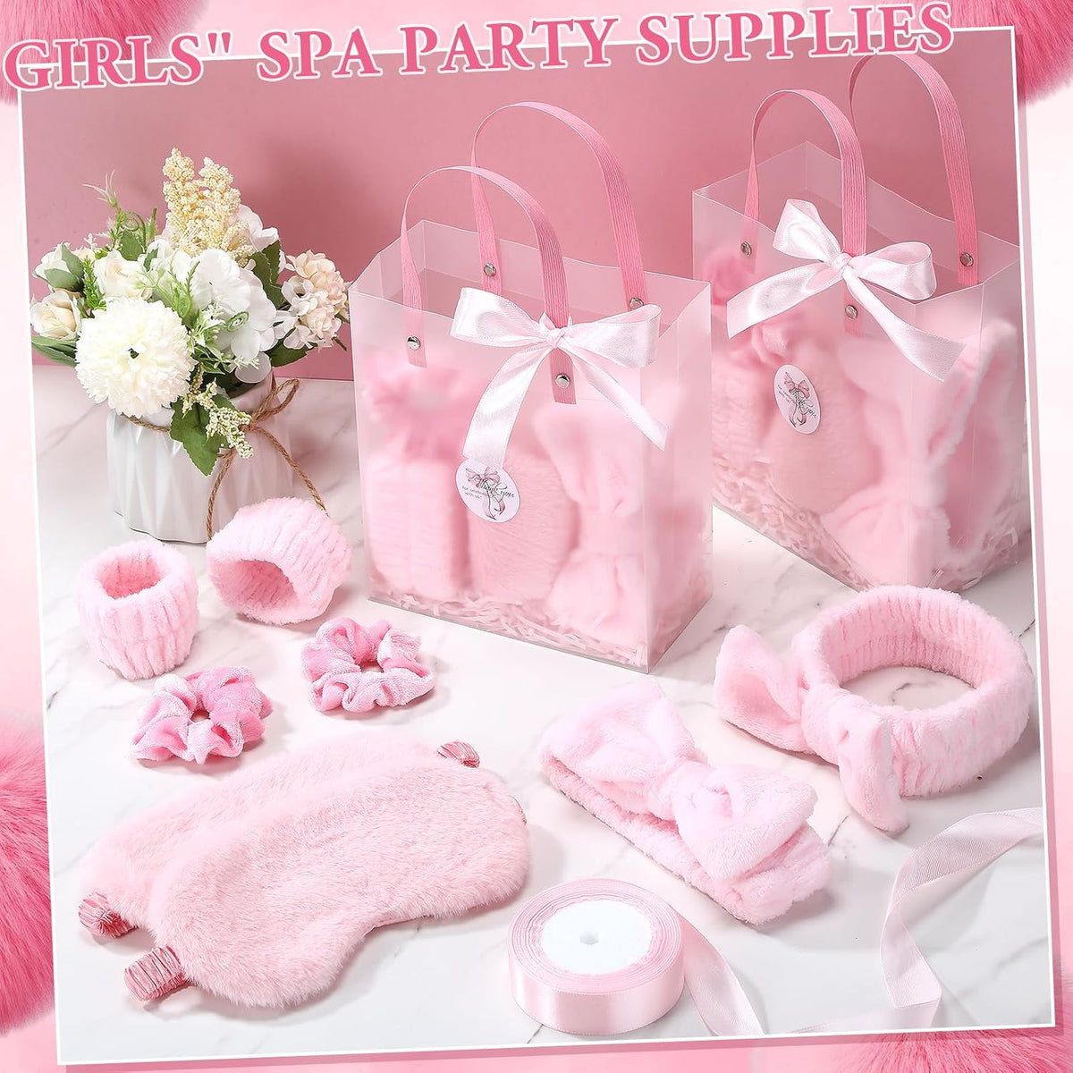 52 Pcs Pink Spa Sleepover Party Supplies, 8 Bow Headbands, 8 Eye Masks, 8 Velvet Scrunchies, 8 Transparent Bags, 16 Wristbands, 1 Ribbon for Women's Pajama Party Favor