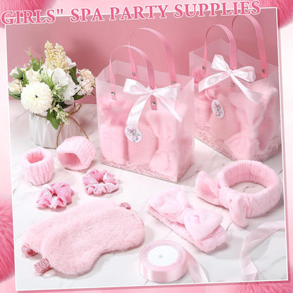 52 Pcs Pink Spa Sleepover Party Supplies, 8 Bow Headbands, 8 Eye Masks, 8 Velvet Scrunchies, 8 Transparent Bags, 16 Wristbands, 1 Ribbon for Women's Pajama Party Favor
