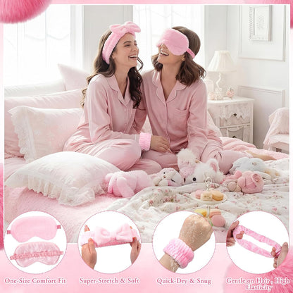 52 Pcs Pink Spa Sleepover Party Supplies, 8 Bow Headbands, 8 Eye Masks, 8 Velvet Scrunchies, 8 Transparent Bags, 16 Wristbands, 1 Ribbon for Women's Pajama Party Favor