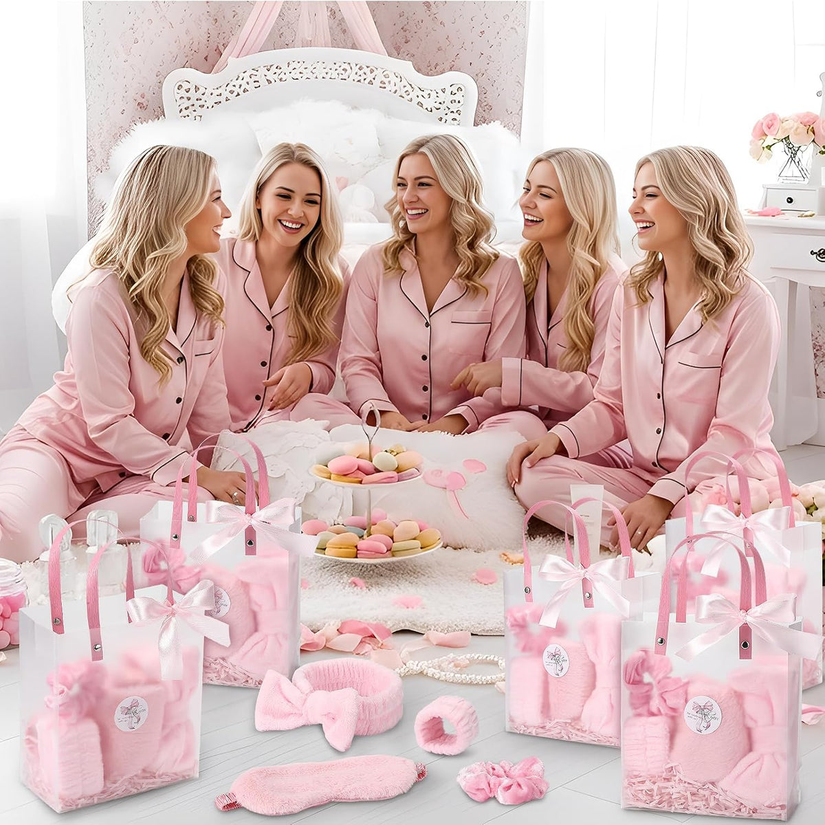 52 Pcs Pink Spa Sleepover Party Supplies, 8 Bow Headbands, 8 Eye Masks, 8 Velvet Scrunchies, 8 Transparent Bags, 16 Wristbands, 1 Ribbon for Women's Pajama Party Favor