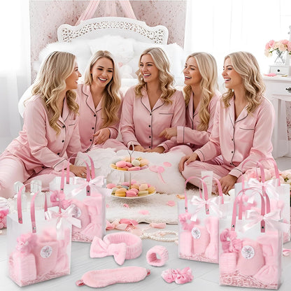 52 Pcs Pink Spa Sleepover Party Supplies, 8 Bow Headbands, 8 Eye Masks, 8 Velvet Scrunchies, 8 Transparent Bags, 16 Wristbands, 1 Ribbon for Women's Pajama Party Favor