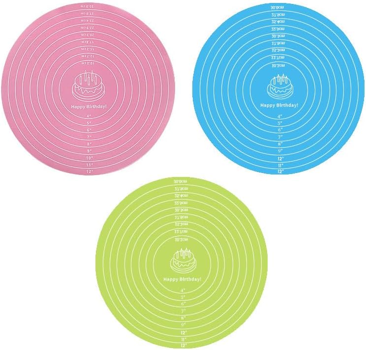 3 Pcs Silicone Cake Mats, 12 Inch Round Silicone Baking Mat with Measurements Reusable Non-Stick Non-Slip Heat Resistant Cookie Mat for Cake Turntable Pizza Dough Pastry Rolling (Pink, Blue, Green)