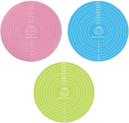 3 Pcs Silicone Cake Mats, 12 Inch Round Silicone Baking Mat with Measurements Reusable Non-Stick Non-Slip Heat Resistant Cookie Mat for Cake Turntable Pizza Dough Pastry Rolling (Pink, Blue, Green)