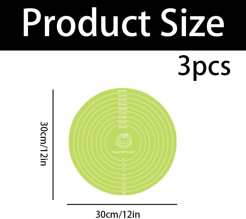 3 Pcs Silicone Cake Mats, 12 Inch Round Silicone Baking Mat with Measurements Reusable Non-Stick Non-Slip Heat Resistant Cookie Mat for Cake Turntable Pizza Dough Pastry Rolling (Pink, Blue, Green)