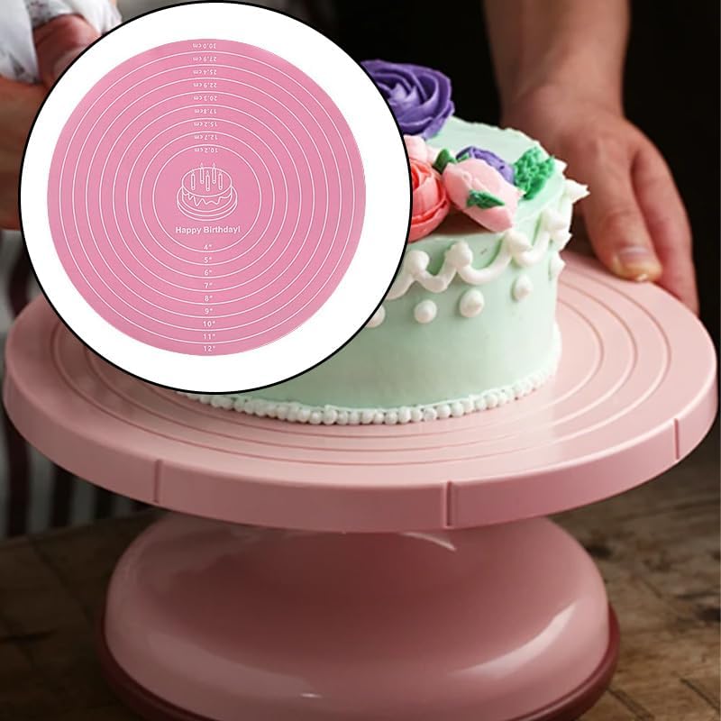 3 Pcs Silicone Cake Mats, 12 Inch Round Silicone Baking Mat with Measurements Reusable Non-Stick Non-Slip Heat Resistant Cookie Mat for Cake Turntable Pizza Dough Pastry Rolling (Pink, Blue, Green)