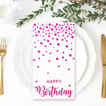50Pcs Happy Birthday Guest Napkins Hot Pink Foil Dots Birthday Disposable Paper Napkins Dinner Hand Towel for Mother's Day Party Bathroom Table Decorations