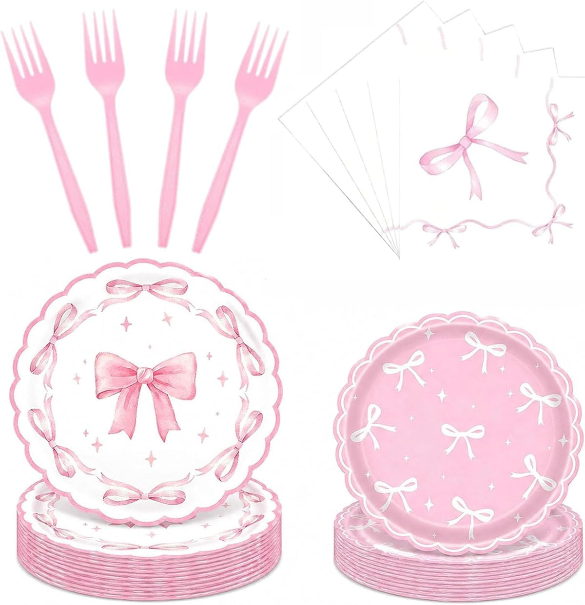 96 Pcs Pink Bow Paper Plates and Napkins Party Supplies Serve 24