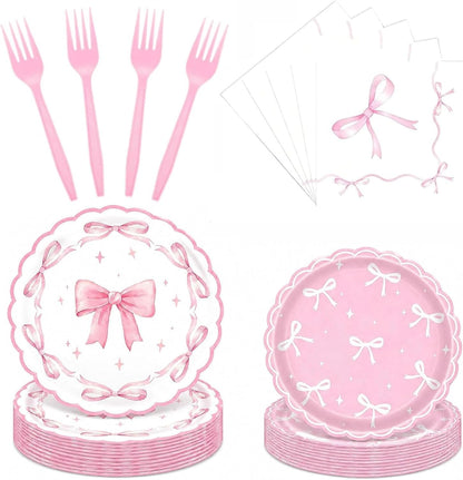 96 Pcs Pink Bow Paper Plates and Napkins Party Supplies Serve 24