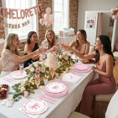 96 Pcs Pink Bow Paper Plates and Napkins Party Supplies Serve 24