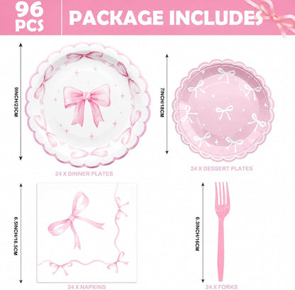 96 Pcs Pink Bow Paper Plates and Napkins Party Supplies Serve 24