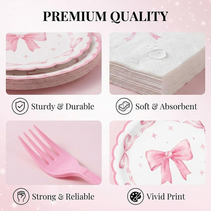 96 Pcs Pink Bow Paper Plates and Napkins Party Supplies Serve 24