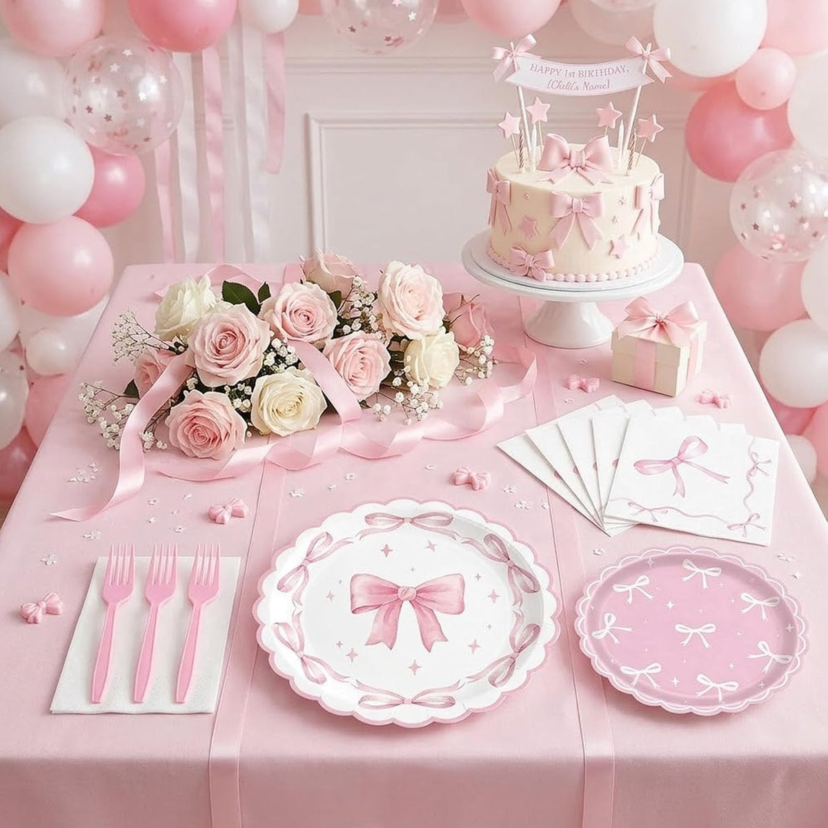 96 Pcs Pink Bow Paper Plates and Napkins Party Supplies Serve 24