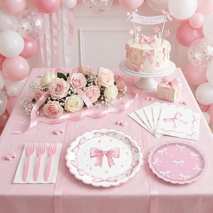 96 Pcs Pink Bow Paper Plates and Napkins Party Supplies Serve 24