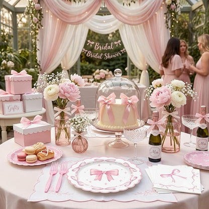 96 Pcs Pink Bow Paper Plates and Napkins Party Supplies Serve 24