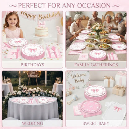 96 Pcs Pink Bow Paper Plates and Napkins Party Supplies Serve 24