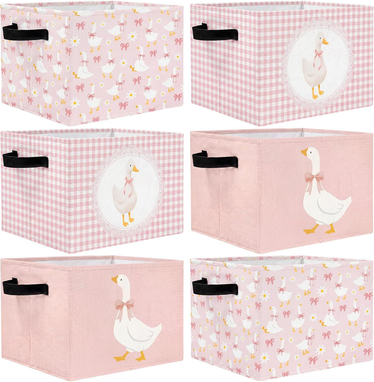 6 Pack Pink Silly Goose Storage Bin Cute Collapsible Storage Basket for Girl Large Foldable Laundry Box with Handle Decorative Clothing Basket for Girl Nursery Bedroom Home Baby Shower Birthday