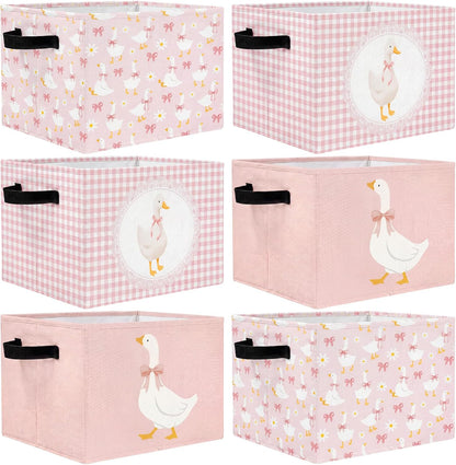 6 Pack Pink Silly Goose Storage Bin Cute Collapsible Storage Basket for Girl Large Foldable Laundry Box with Handle Decorative Clothing Basket for Girl Nursery Bedroom Home Baby Shower Birthday