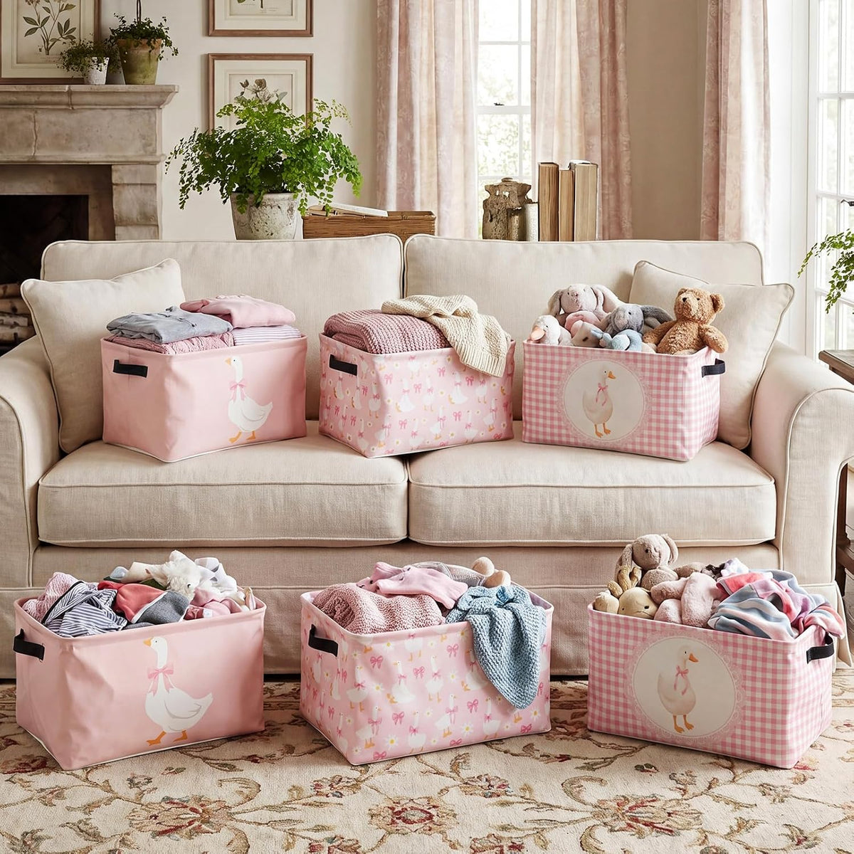 6 Pack Pink Silly Goose Storage Bin Cute Collapsible Storage Basket for Girl Large Foldable Laundry Box with Handle Decorative Clothing Basket for Girl Nursery Bedroom Home Baby Shower Birthday