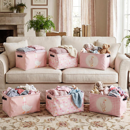 6 Pack Pink Silly Goose Storage Bin Cute Collapsible Storage Basket for Girl Large Foldable Laundry Box with Handle Decorative Clothing Basket for Girl Nursery Bedroom Home Baby Shower Birthday