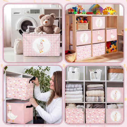 6 Pack Pink Silly Goose Storage Bin Cute Collapsible Storage Basket for Girl Large Foldable Laundry Box with Handle Decorative Clothing Basket for Girl Nursery Bedroom Home Baby Shower Birthday