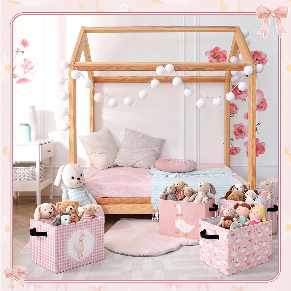 6 Pack Pink Silly Goose Storage Bin Cute Collapsible Storage Basket for Girl Large Foldable Laundry Box with Handle Decorative Clothing Basket for Girl Nursery Bedroom Home Baby Shower Birthday