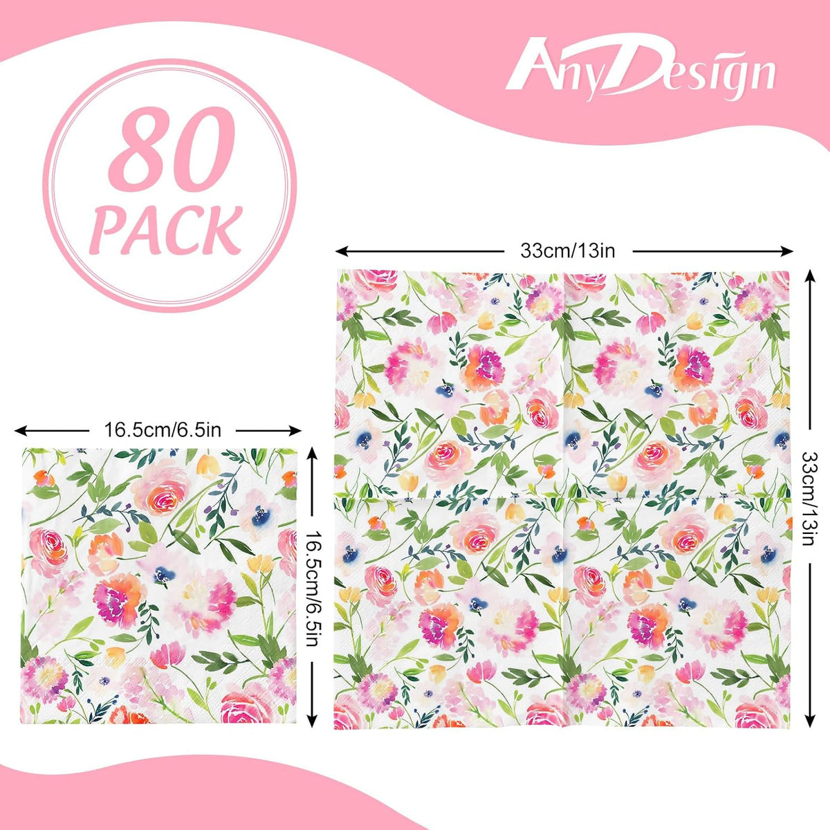 80Pcs Floral Paper Napkins Watercolor Pink Flowers Disposable Luncheon Napkins Spring Summer Dessert Dinner Hand Napkin for Wedding Birthday Baby Shower