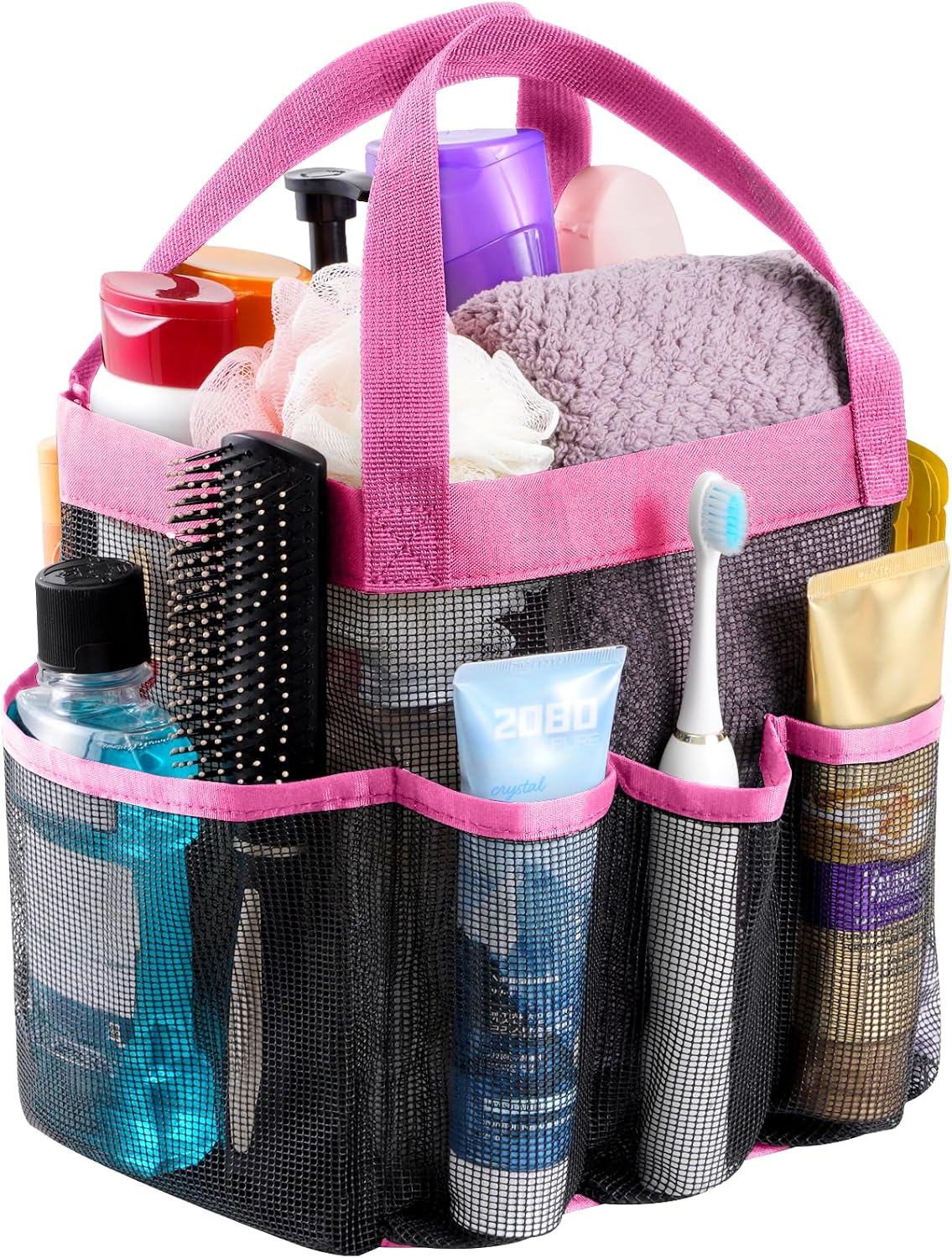 Mesh Shower Caddy Portable for College Dorm Room Essentials with 7 Pockets, Freestanding Hanging Organizer Basket, Quick Dry Tote Bag for Camping, Bathroom, Beach, Travel, 1 Pack, Pink