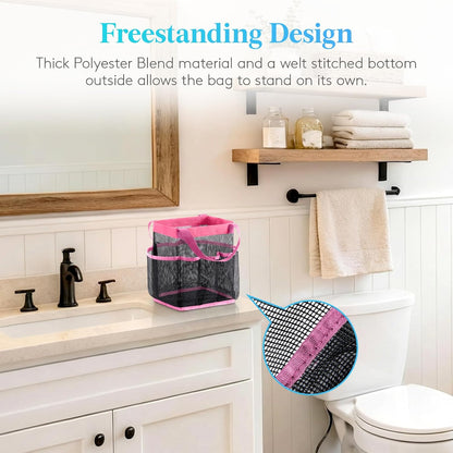 Mesh Shower Caddy Portable for College Dorm Room Essentials with 7 Pockets, Freestanding Hanging Organizer Basket, Quick Dry Tote Bag for Camping, Bathroom, Beach, Travel, 1 Pack, Pink