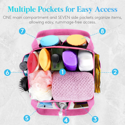 Mesh Shower Caddy Portable for College Dorm Room Essentials with 7 Pockets, Freestanding Hanging Organizer Basket, Quick Dry Tote Bag for Camping, Bathroom, Beach, Travel, 1 Pack, Pink
