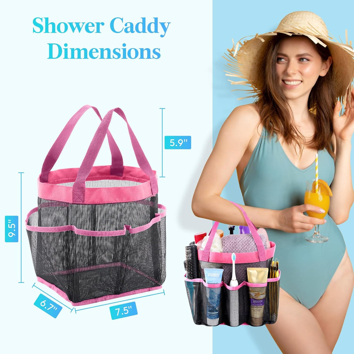 Mesh Shower Caddy Portable for College Dorm Room Essentials with 7 Pockets, Freestanding Hanging Organizer Basket, Quick Dry Tote Bag for Camping, Bathroom, Beach, Travel, 1 Pack, Pink