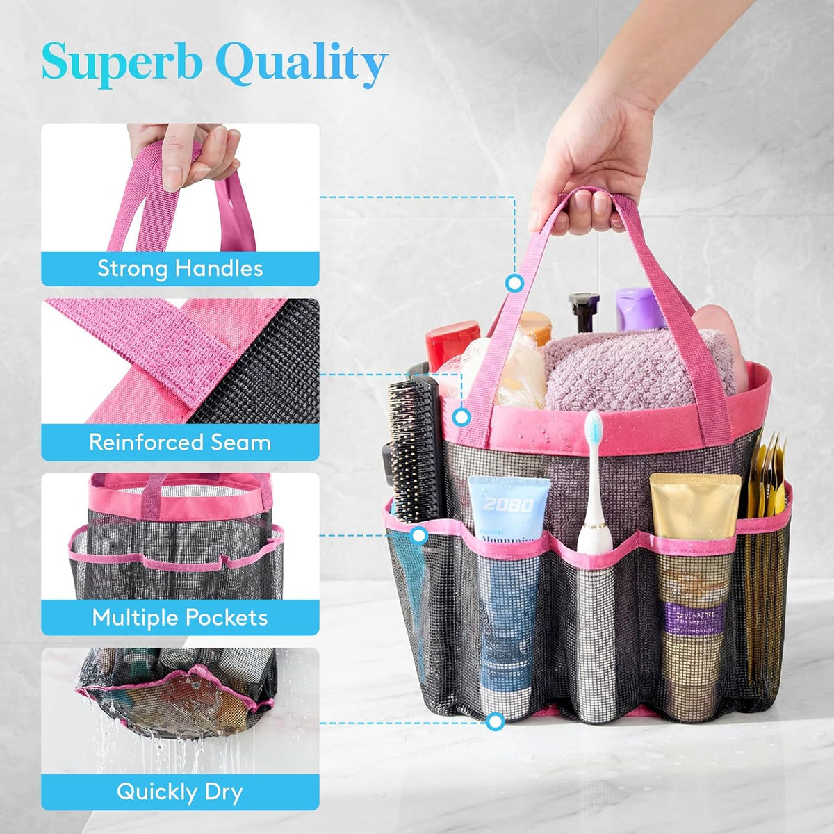 Mesh Shower Caddy Portable for College Dorm Room Essentials with 7 Pockets, Freestanding Hanging Organizer Basket, Quick Dry Tote Bag for Camping, Bathroom, Beach, Travel, 1 Pack, Pink