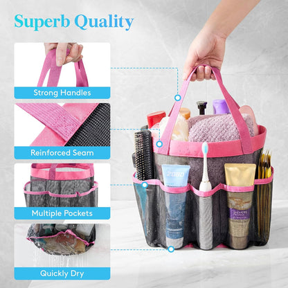 Mesh Shower Caddy Portable for College Dorm Room Essentials with 7 Pockets, Freestanding Hanging Organizer Basket, Quick Dry Tote Bag for Camping, Bathroom, Beach, Travel, 1 Pack, Pink