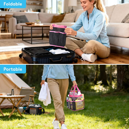 Mesh Shower Caddy Portable for College Dorm Room Essentials with 7 Pockets, Freestanding Hanging Organizer Basket, Quick Dry Tote Bag for Camping, Bathroom, Beach, Travel, 1 Pack, Pink
