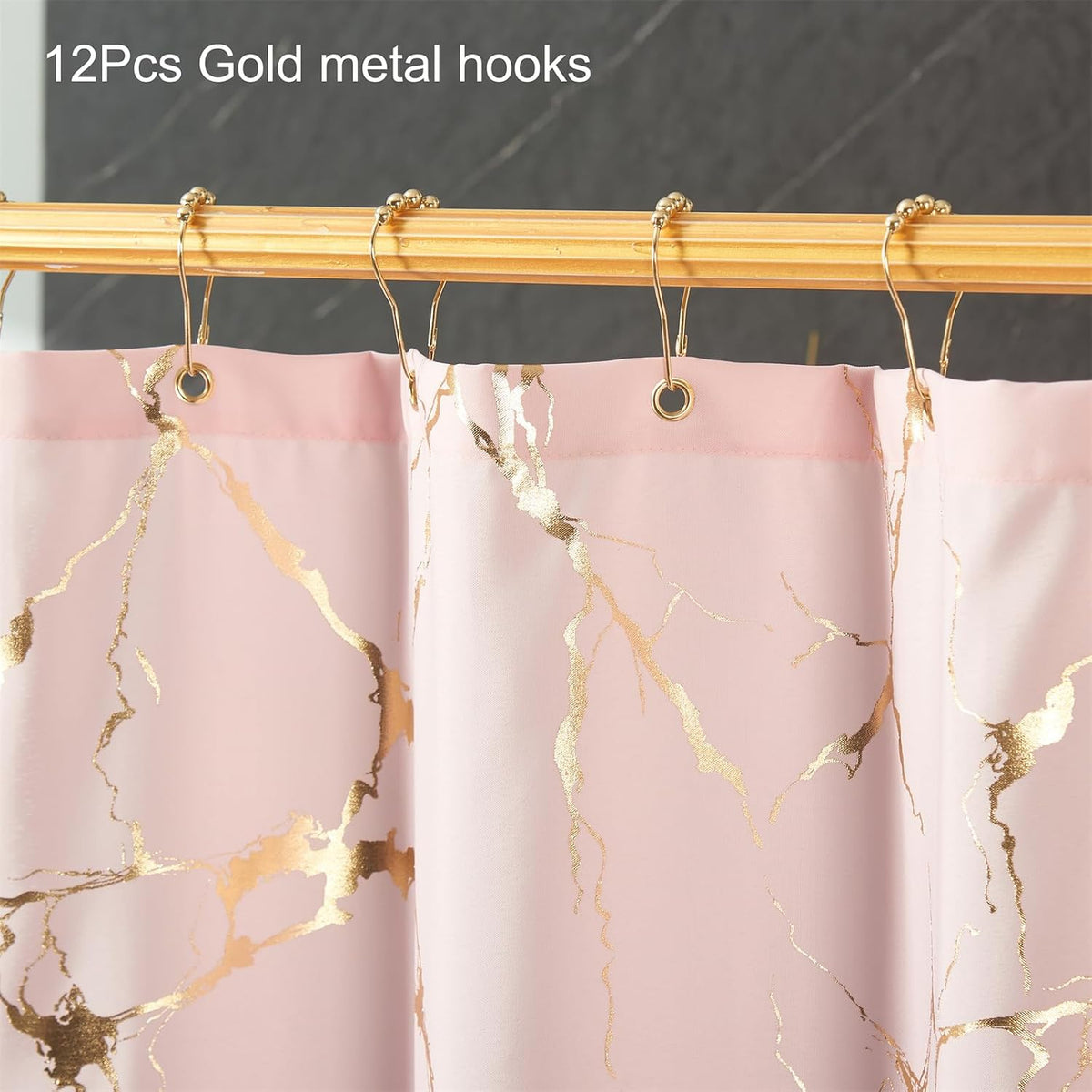 Pink Shower Curtain - Luxury Foil Gold Printed Pink and Gold Marble Shower Curtains for Bathroom, Glitter Bathroom Curtain with Hooks, Waterproof Washable Fabric, Standard 72x72 Inches