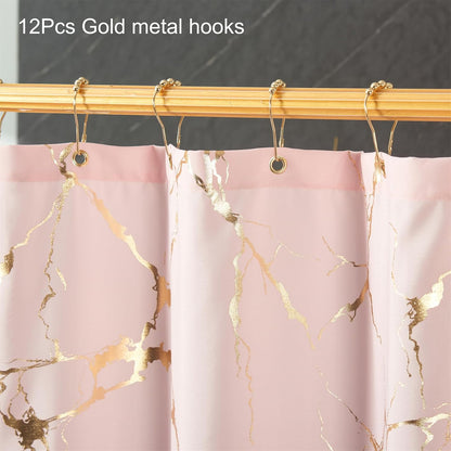 Pink Shower Curtain - Luxury Foil Gold Printed Pink and Gold Marble Shower Curtains for Bathroom, Glitter Bathroom Curtain with Hooks, Waterproof Washable Fabric, Standard 72x72 Inches