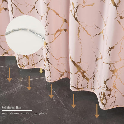 Pink Shower Curtain - Luxury Foil Gold Printed Pink and Gold Marble Shower Curtains for Bathroom, Glitter Bathroom Curtain with Hooks, Waterproof Washable Fabric, Standard 72x72 Inches