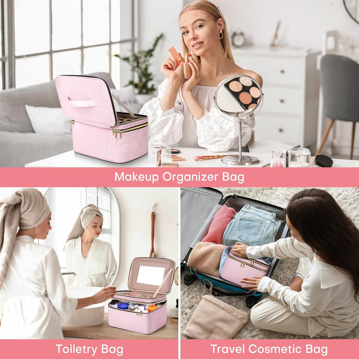Large Makeup Bag with Mirror Double Layer Travel Make Up Organizer Case, Large Capacity Coemetic with Brush Slot Divider, Travel Toiletry Bag for Women (Pink)