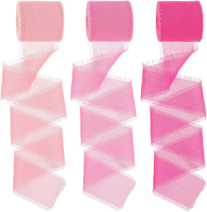 3 Rolls Hot Pink Pastel Pink Handmade Chiffon Ribbon, 1.5''x16.4yd Chiffon Ribbon Frayed Fringe Silk Ribbons for Gift Wrapping Wreaths Bridal Flower Bouquet Wedding Invitations Handmade Decor