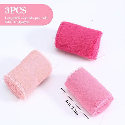 3 Rolls Hot Pink Pastel Pink Handmade Chiffon Ribbon, 1.5''x16.4yd Chiffon Ribbon Frayed Fringe Silk Ribbons for Gift Wrapping Wreaths Bridal Flower Bouquet Wedding Invitations Handmade Decor
