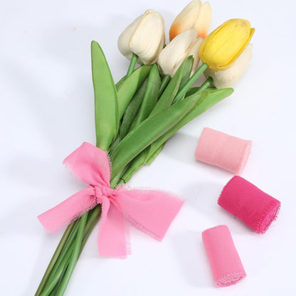 3 Rolls Hot Pink Pastel Pink Handmade Chiffon Ribbon, 1.5''x16.4yd Chiffon Ribbon Frayed Fringe Silk Ribbons for Gift Wrapping Wreaths Bridal Flower Bouquet Wedding Invitations Handmade Decor