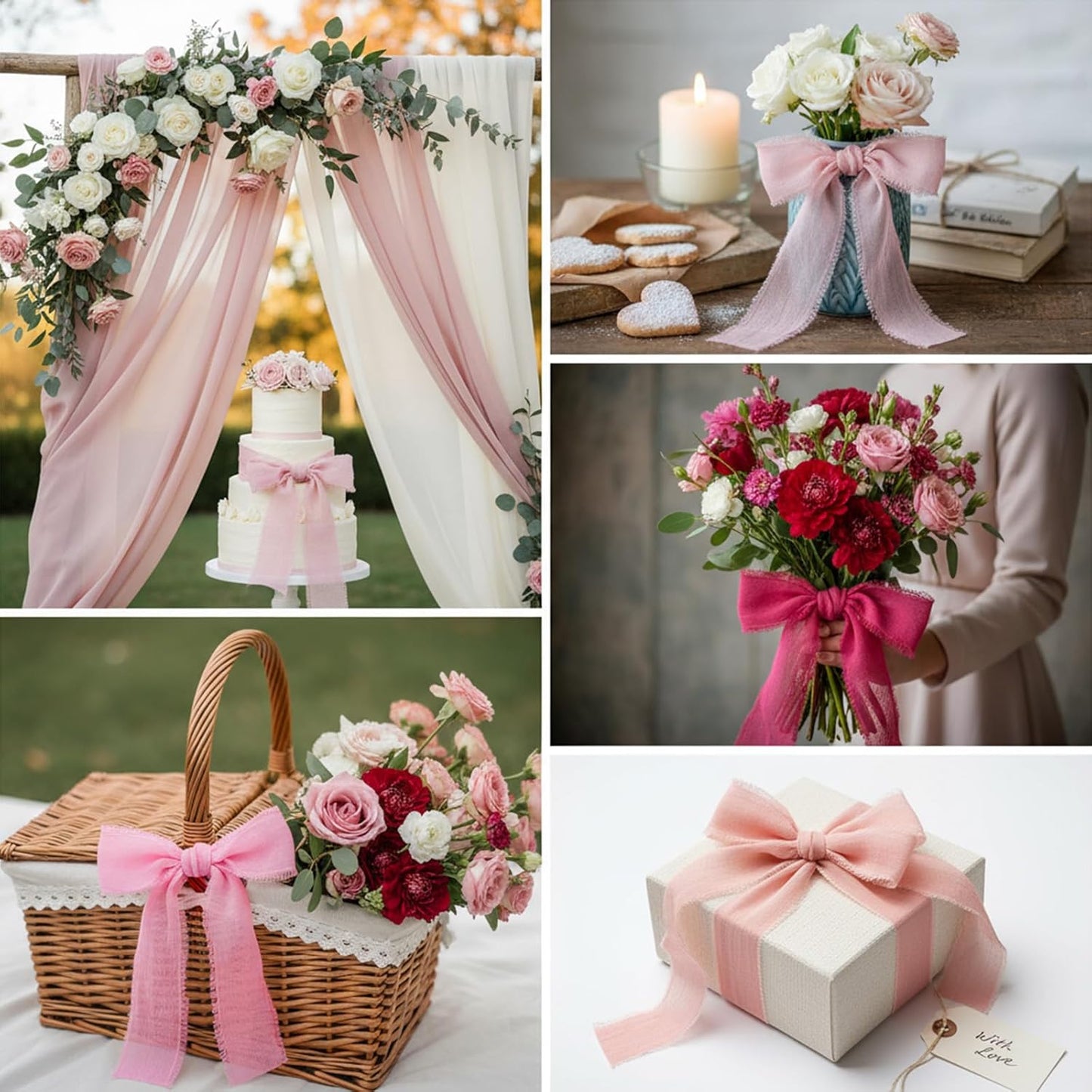 3 Rolls Hot Pink Pastel Pink Handmade Chiffon Ribbon, 1.5''x16.4yd Chiffon Ribbon Frayed Fringe Silk Ribbons for Gift Wrapping Wreaths Bridal Flower Bouquet Wedding Invitations Handmade Decor
