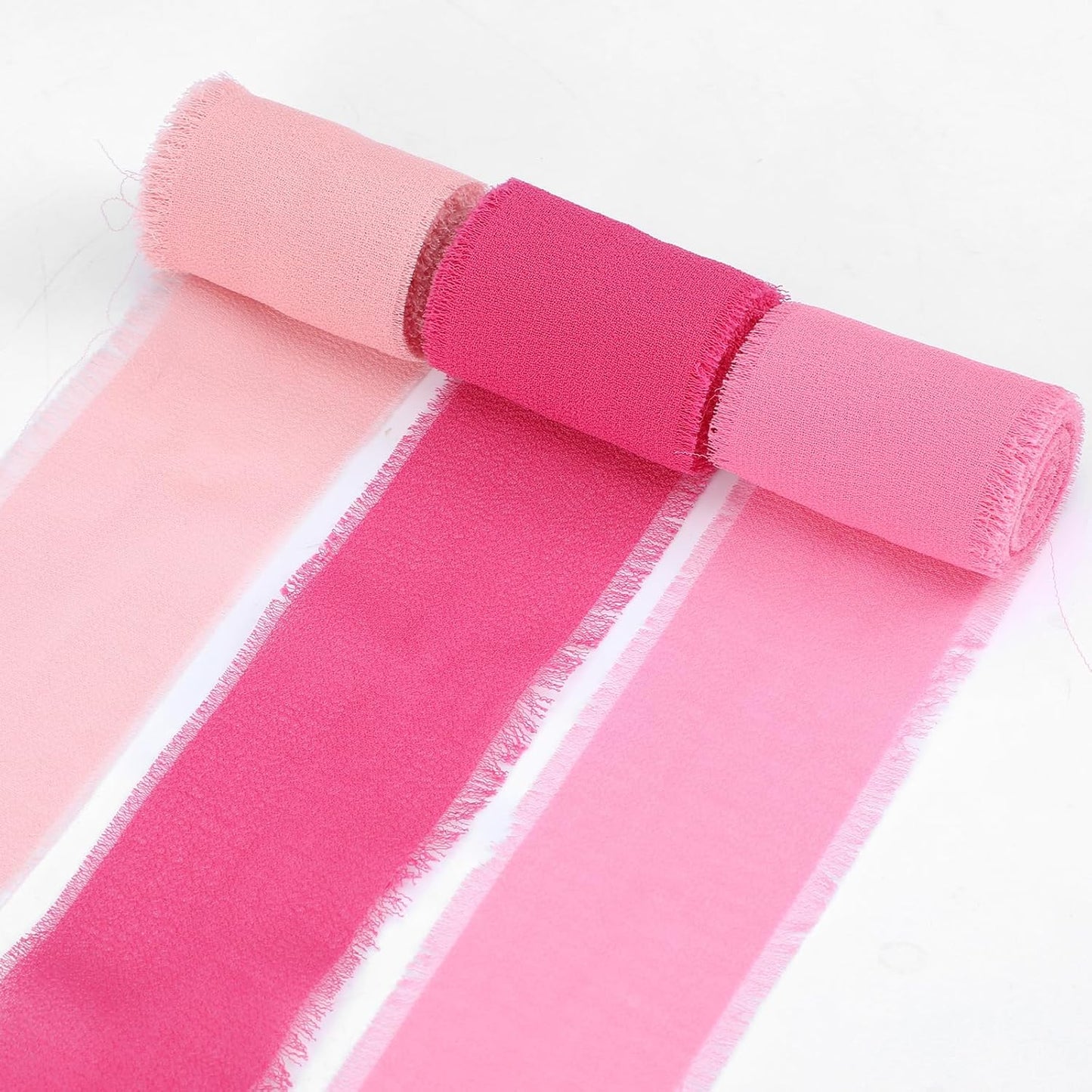 3 Rolls Hot Pink Pastel Pink Handmade Chiffon Ribbon, 1.5''x16.4yd Chiffon Ribbon Frayed Fringe Silk Ribbons for Gift Wrapping Wreaths Bridal Flower Bouquet Wedding Invitations Handmade Decor