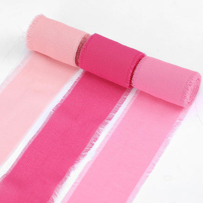 3 Rolls Hot Pink Pastel Pink Handmade Chiffon Ribbon, 1.5''x16.4yd Chiffon Ribbon Frayed Fringe Silk Ribbons for Gift Wrapping Wreaths Bridal Flower Bouquet Wedding Invitations Handmade Decor