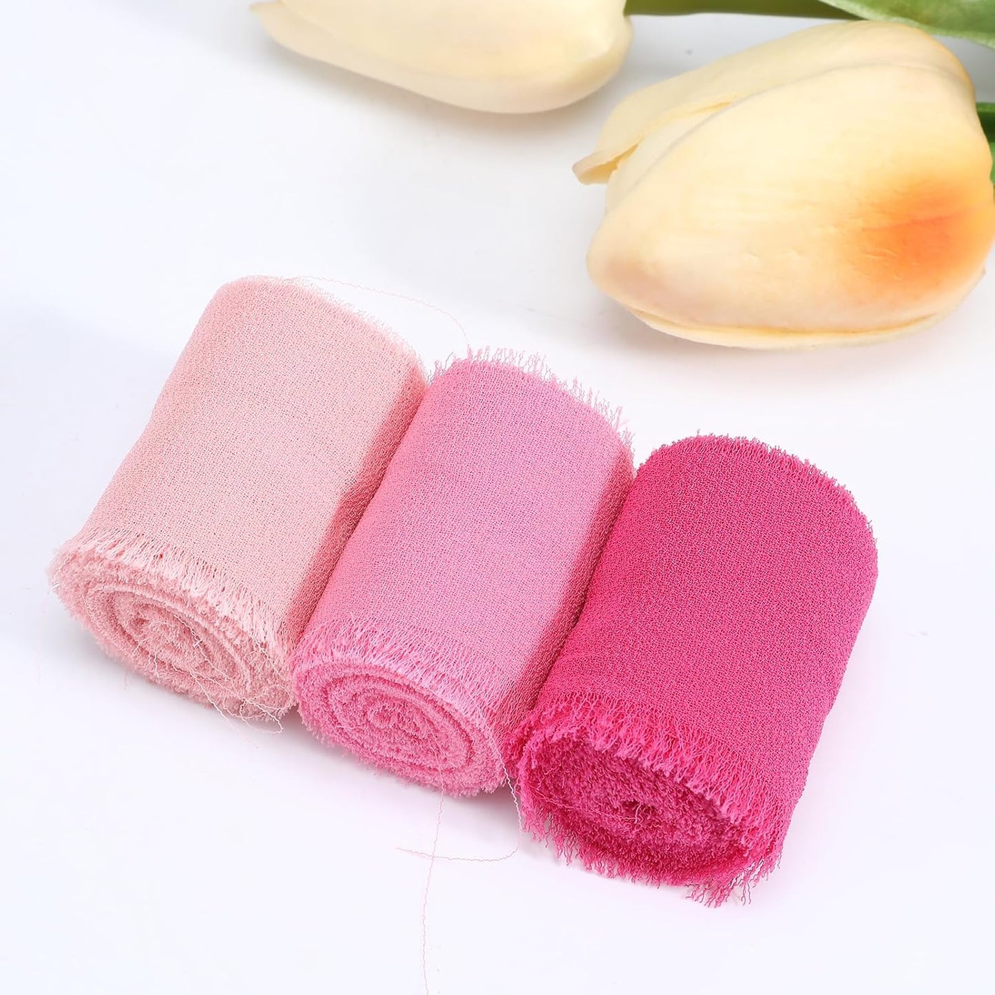 3 Rolls Hot Pink Pastel Pink Handmade Chiffon Ribbon, 1.5''x16.4yd Chiffon Ribbon Frayed Fringe Silk Ribbons for Gift Wrapping Wreaths Bridal Flower Bouquet Wedding Invitations Handmade Decor