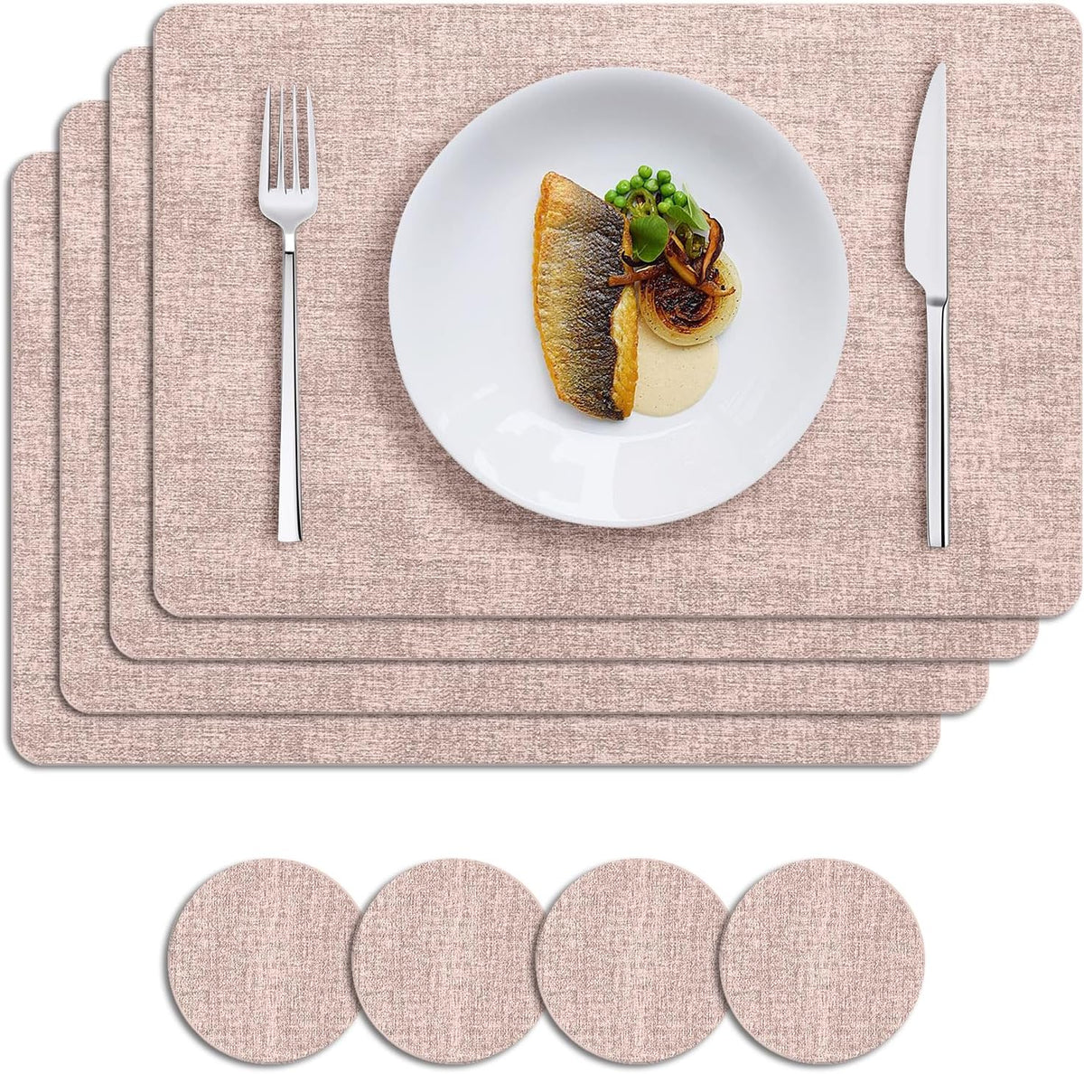 Faux Leather Placemats Set of 4, Heat Resistant Vinyl Place Mats with Coasters, Wipeable Washable Waterproof Oil Proof Table Mats for Kitchen Dining Indoor Outdoor, 12" x 17", Pink