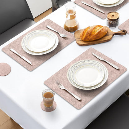 Faux Leather Placemats Set of 4, Heat Resistant Vinyl Place Mats with Coasters, Wipeable Washable Waterproof Oil Proof Table Mats for Kitchen Dining Indoor Outdoor, 12" x 17", Pink